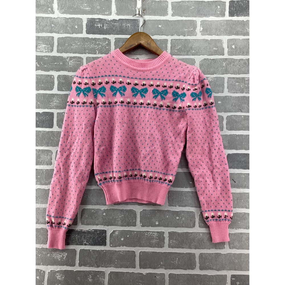 Vintage 80s Pink Bow Fair Isle Knit Sweater Puff Shoulder Crew Neck Medium